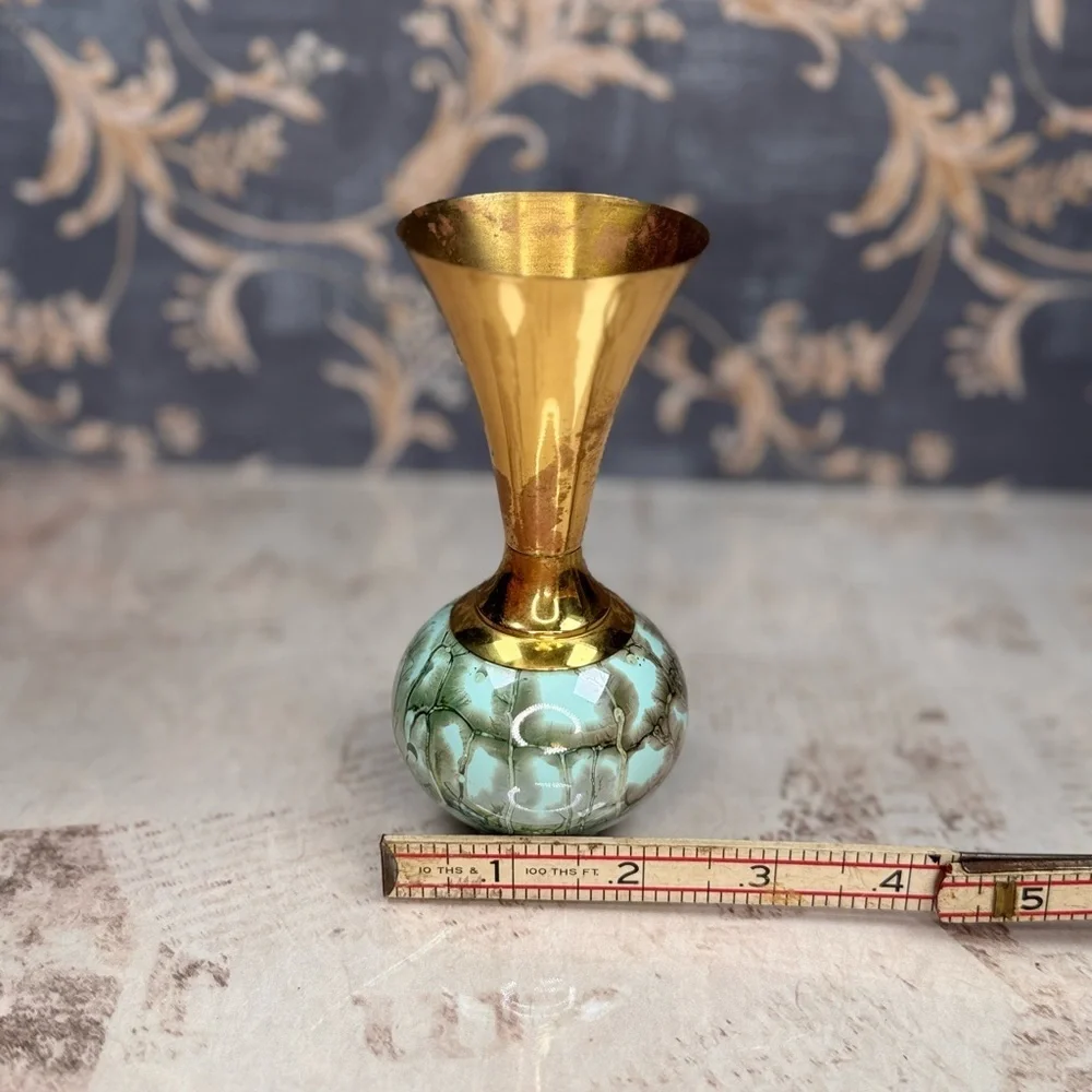 Vintage Hand Painted Delft Holland Vase Brass & Marbled Base